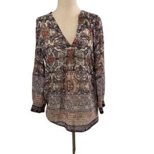 Joie Silk Blouse Womens Small Boho Print V Neck Long Sleeve 100% Silk